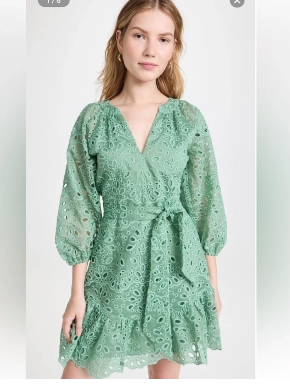 Shoshanna Adelia Sage Green Eyelet Tie Waist Dress, 8